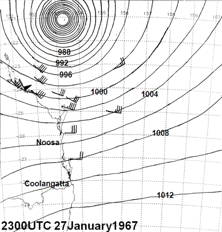 Mean sea level pressure cyclone Dinah approaching QLD